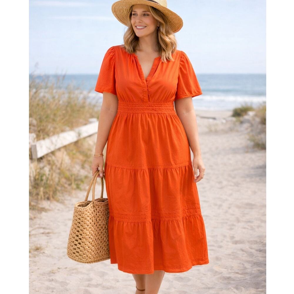 Quince Red Orange Midi Dress Smocked Waist Tiered Flutter Sleeve V-Neck Sz Large